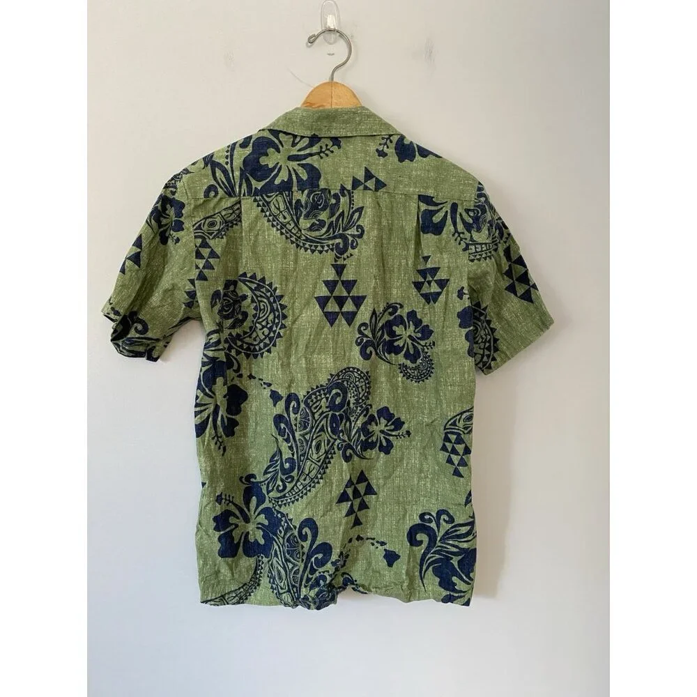RJC Mens Size S Green & Blue Hawaiian Shirt Geometric Floral Print Made in USA